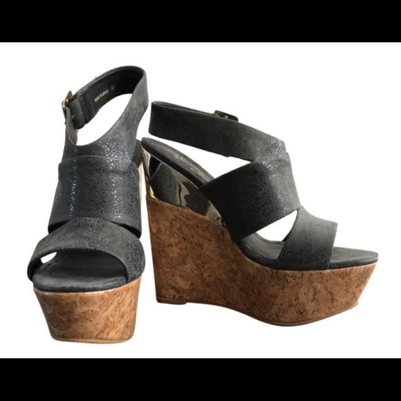 Alice+Olivia Black Leather Cork Wedge Platforms in Size 37 - Picture 1 of 9